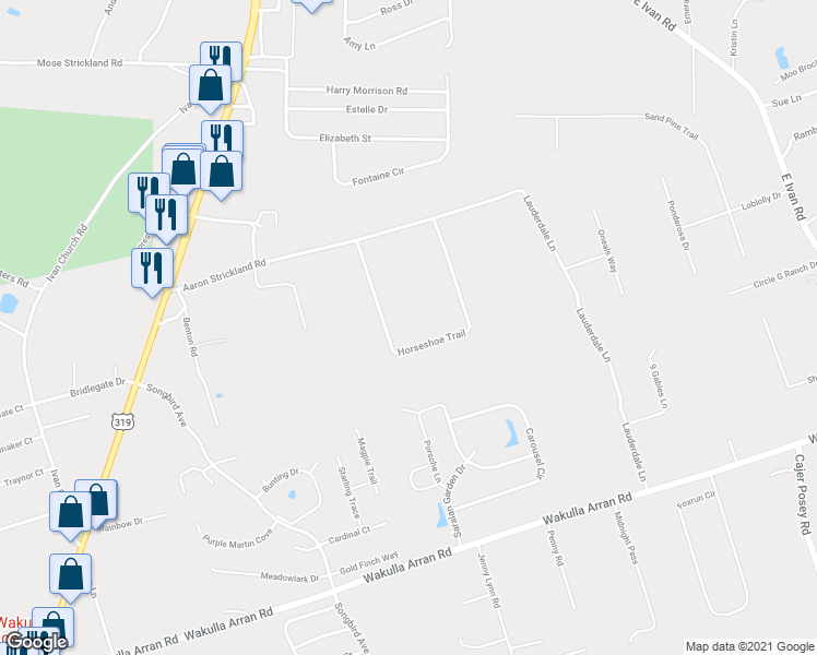 map of restaurants, bars, coffee shops, grocery stores, and more near 77 Horseshoe Trail in Crawfordville