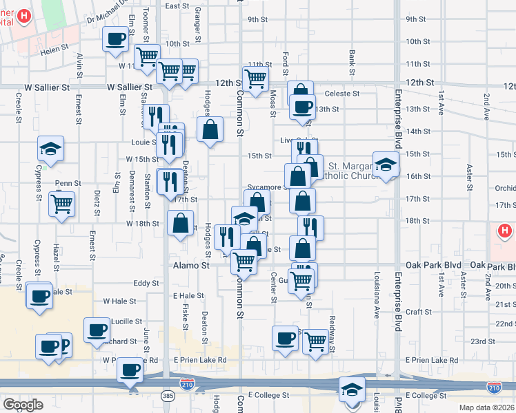 map of restaurants, bars, coffee shops, grocery stores, and more near 611 1/2 17th Street in Lake Charles