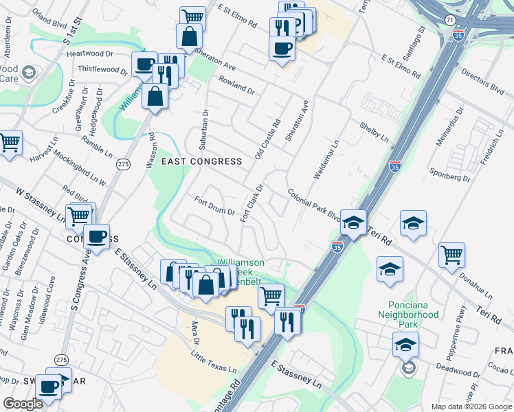 map of restaurants, bars, coffee shops, grocery stores, and more near 805 Sussex Drive in Austin