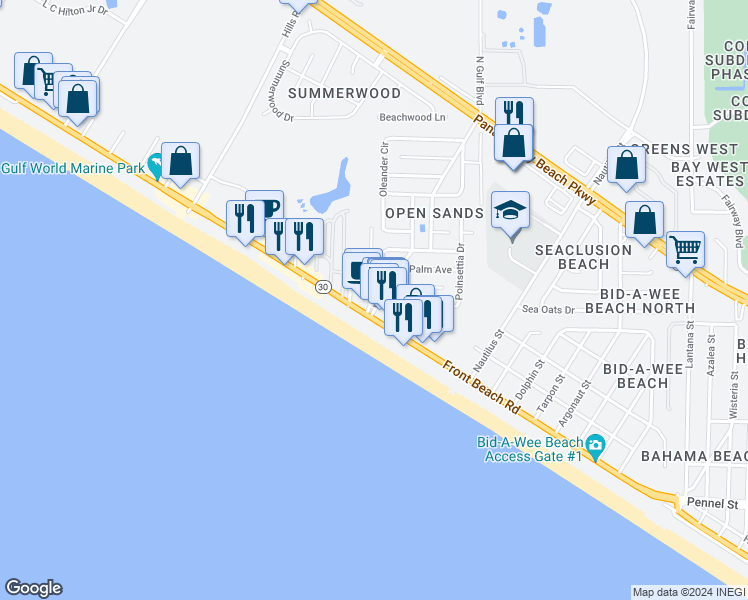 map of restaurants, bars, coffee shops, grocery stores, and more near 14700 Front Beach Road in Panama City Beach