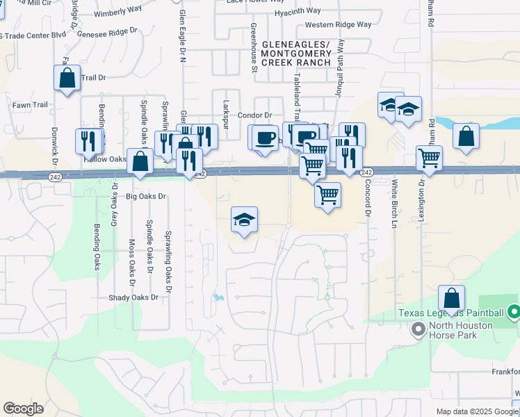 map of restaurants, bars, coffee shops, grocery stores, and more near 17116 Harper's Trace in Conroe