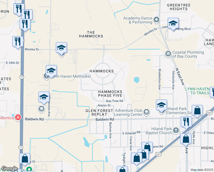 map of restaurants, bars, coffee shops, grocery stores, and more near 3511 Rosewood Circle in Lynn Haven