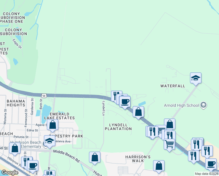 map of restaurants, bars, coffee shops, grocery stores, and more near 906 Pelican Place in Panama City Beach
