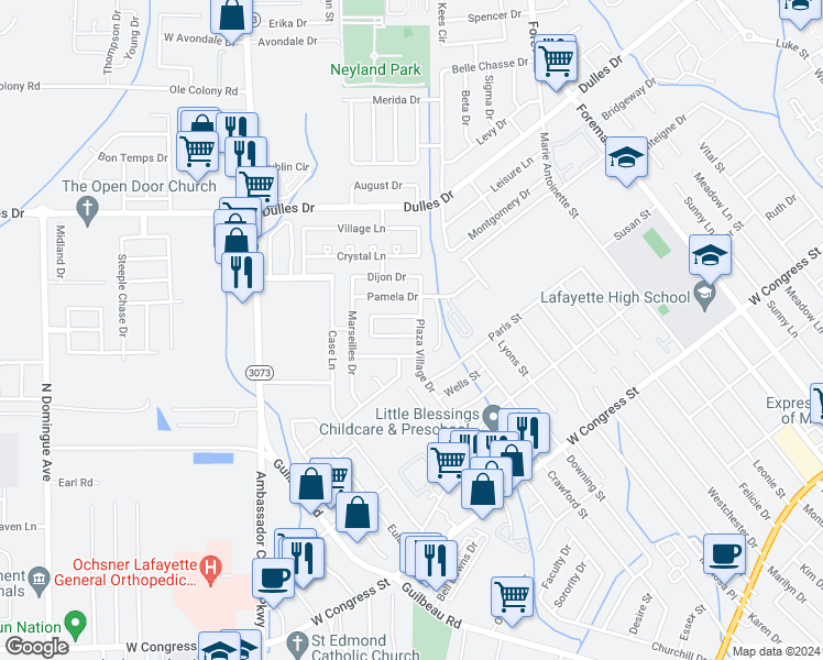 map of restaurants, bars, coffee shops, grocery stores, and more near 102 Toulouse Drive in Lafayette