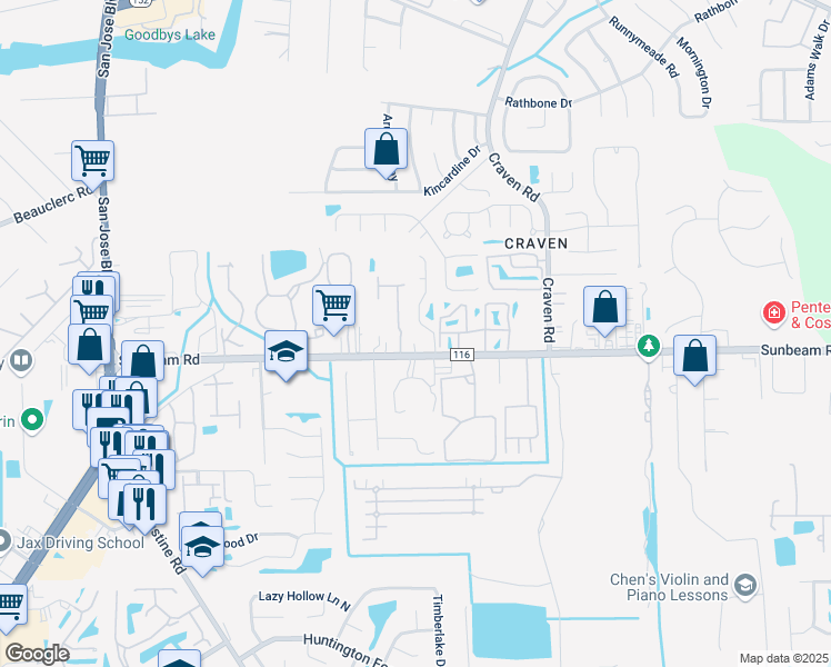 map of restaurants, bars, coffee shops, grocery stores, and more near 9421 Osprey Branch Trail in Jacksonville