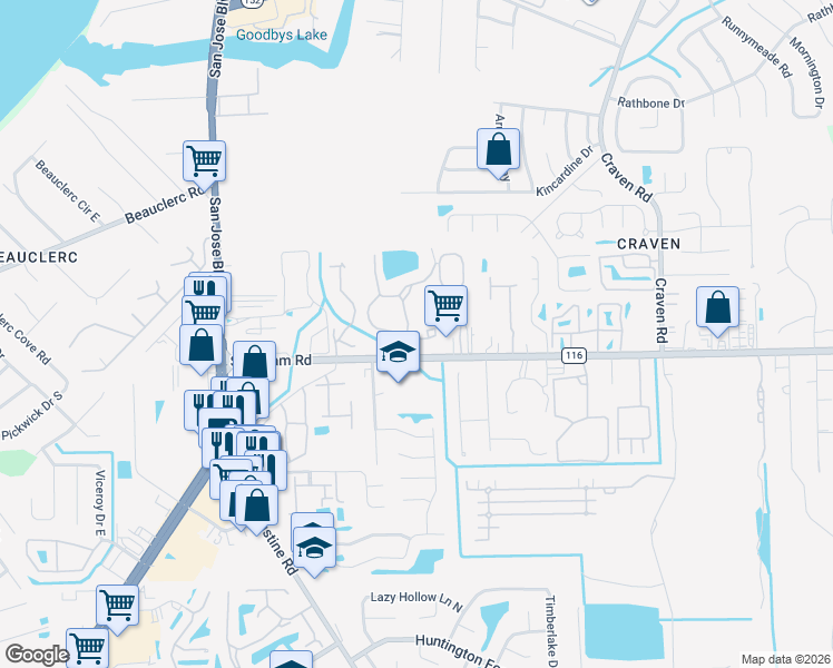 map of restaurants, bars, coffee shops, grocery stores, and more near 4083 Sunbeam Road in Jacksonville