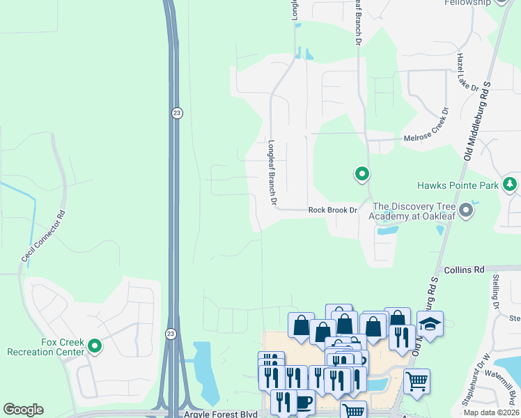 map of restaurants, bars, coffee shops, grocery stores, and more near 7899 Merchants Way in Jacksonville