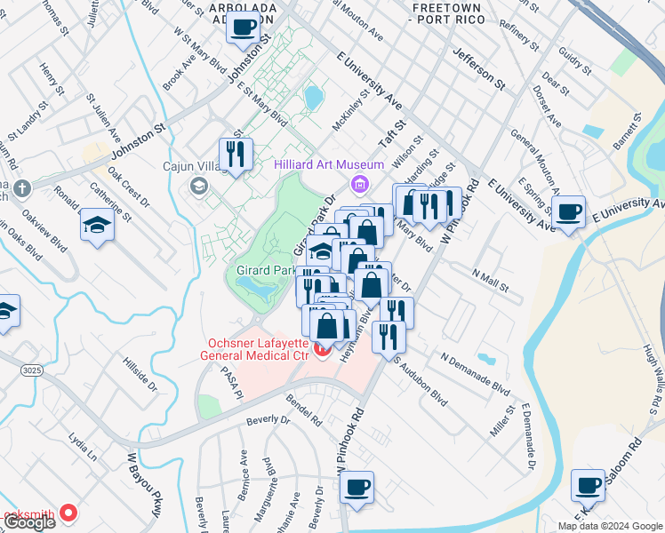 map of restaurants, bars, coffee shops, grocery stores, and more near 901 Wilson Street in Lafayette