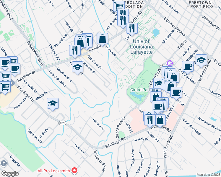 map of restaurants, bars, coffee shops, grocery stores, and more near 104 Lepont Street in Lafayette