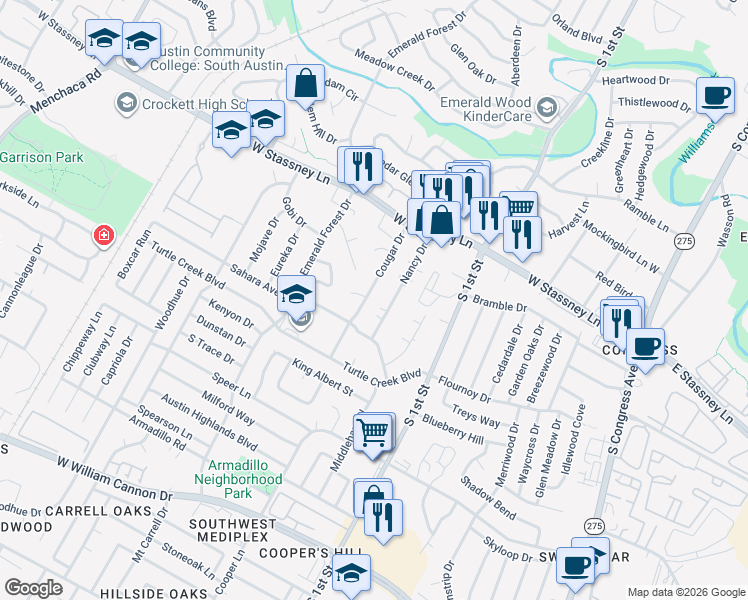 map of restaurants, bars, coffee shops, grocery stores, and more near 900 Airoso Cove in Austin