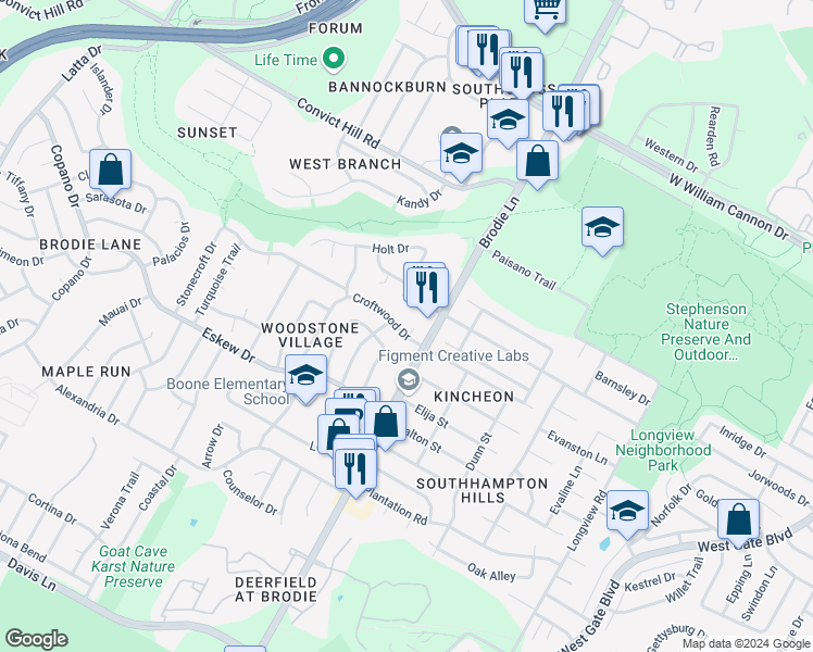 map of restaurants, bars, coffee shops, grocery stores, and more near 3507 Harpers Ferry Lane in Austin