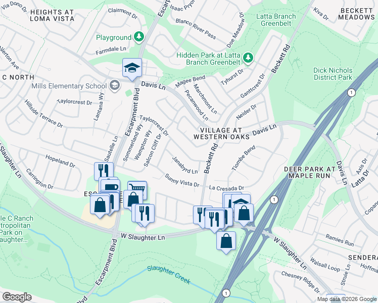 map of restaurants, bars, coffee shops, grocery stores, and more near 5808 Lomita Verde Circle in Austin