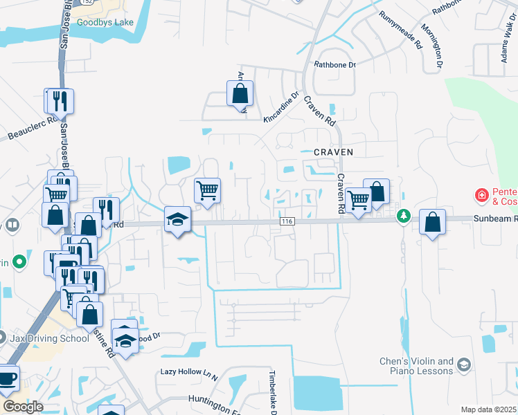 map of restaurants, bars, coffee shops, grocery stores, and more near 9421 Osprey Branch Trail in Jacksonville