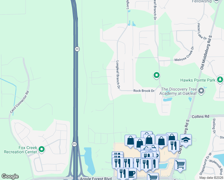 map of restaurants, bars, coffee shops, grocery stores, and more near 7899 Merchants Way in Jacksonville