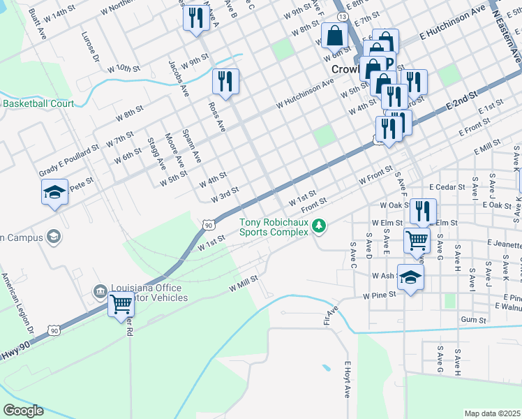 map of restaurants, bars, coffee shops, grocery stores, and more near 901 West 2nd Street in Crowley