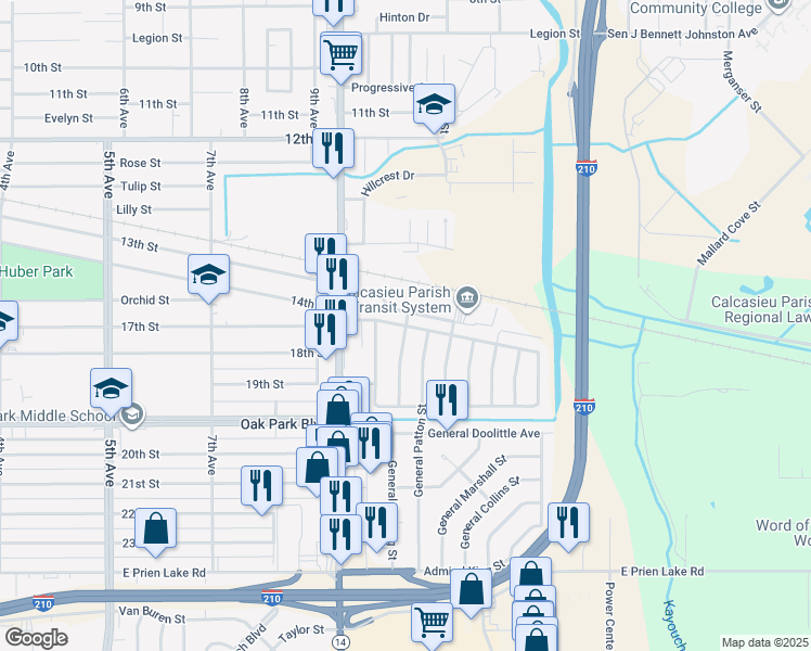map of restaurants, bars, coffee shops, grocery stores, and more near 2799 N General Wainwright Dr in Lake Charles