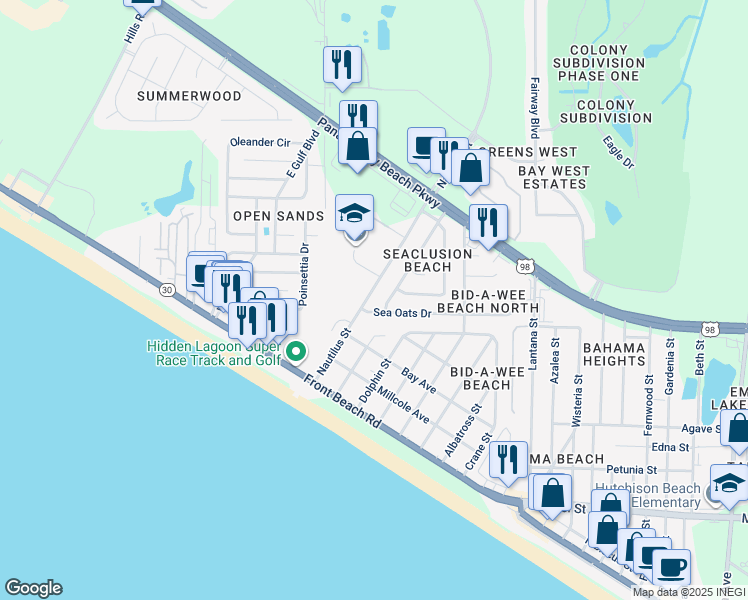 map of restaurants, bars, coffee shops, grocery stores, and more near 309 Nautilus Street in Panama City Beach