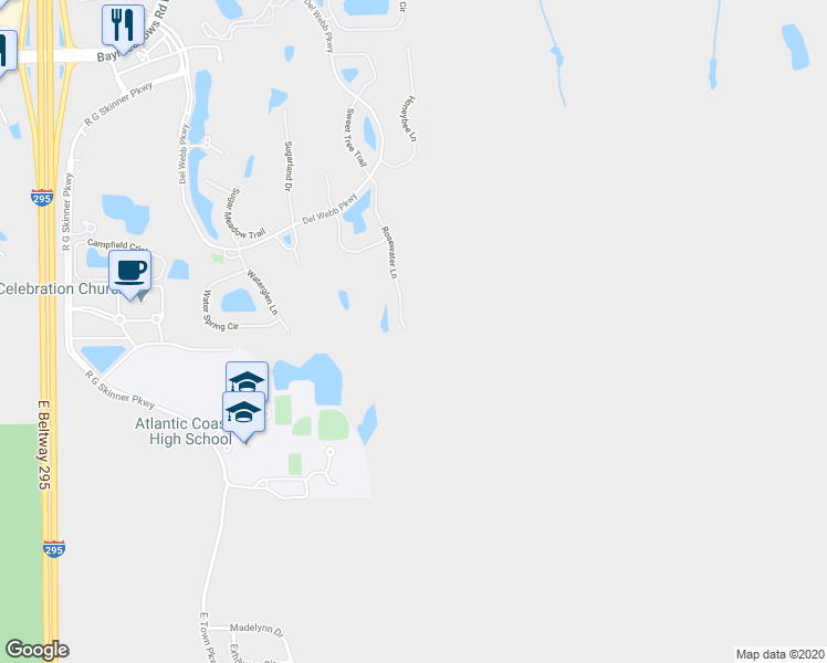 map of restaurants, bars, coffee shops, grocery stores, and more near 9309 Rosewater Lane in Jacksonville