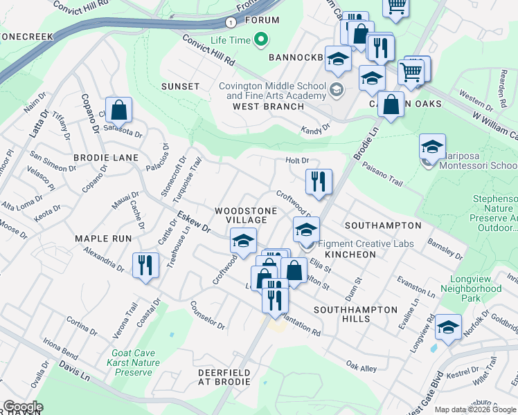 map of restaurants, bars, coffee shops, grocery stores, and more near 7739 Croftwood Drive in Austin