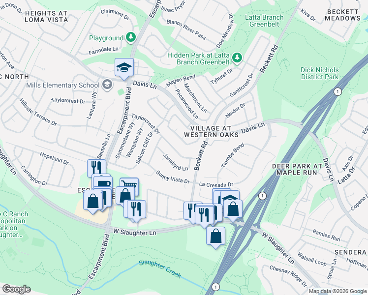 map of restaurants, bars, coffee shops, grocery stores, and more near 5808 Lomita Verde Circle in Austin