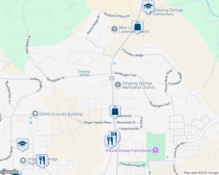 map of restaurants, bars, coffee shops, grocery stores, and more near 28725 Ranch Road 12 in Dripping Springs