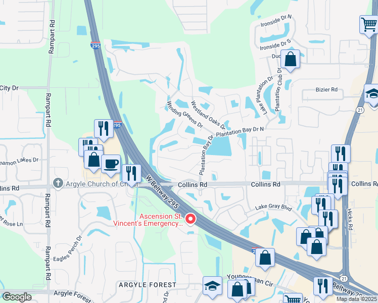map of restaurants, bars, coffee shops, grocery stores, and more near 6481 Pemberley Lane in Jacksonville
