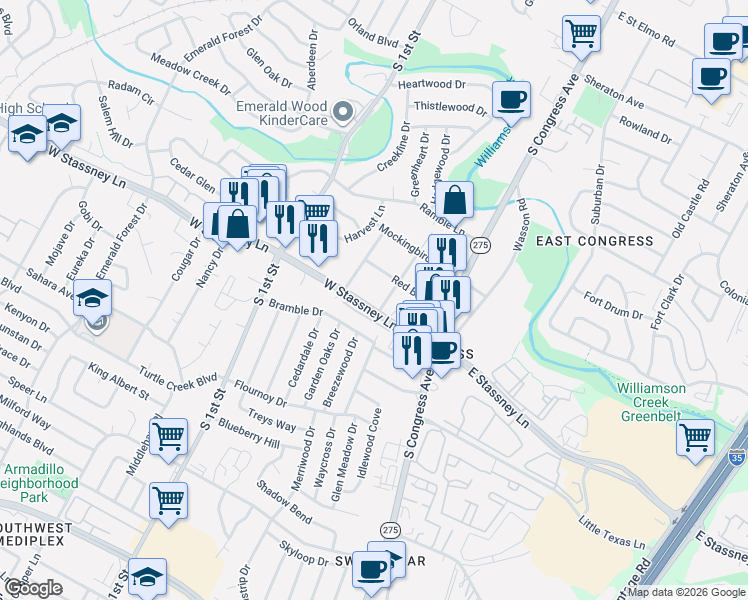 map of restaurants, bars, coffee shops, grocery stores, and more near 308 West Stassney Lane in Austin