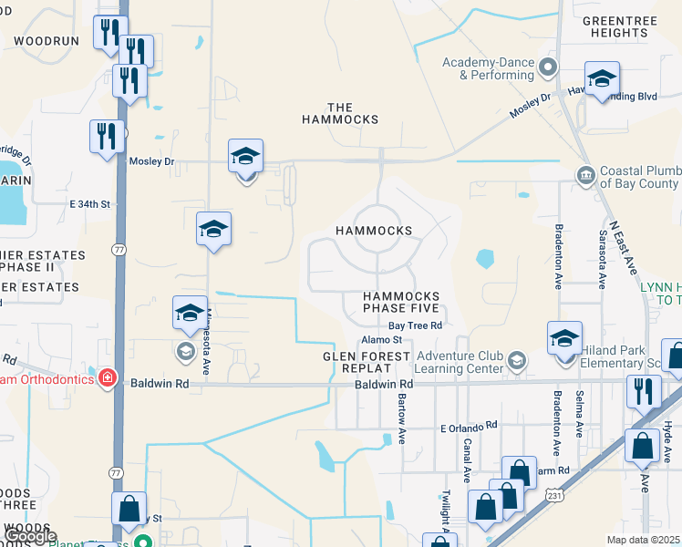 map of restaurants, bars, coffee shops, grocery stores, and more near 3408 Jasmine Trace Lane in Lynn Haven