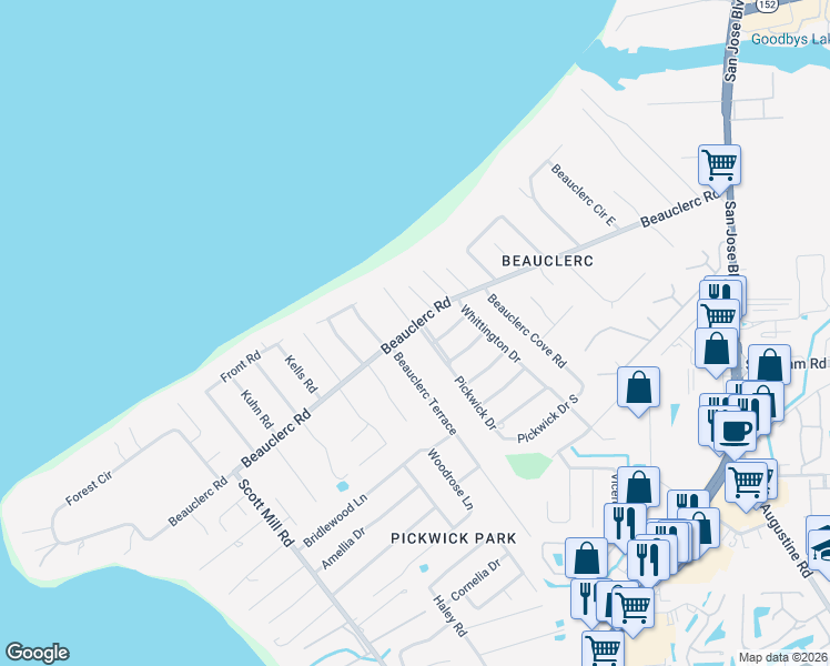 map of restaurants, bars, coffee shops, grocery stores, and more near 3302 Beauclerc Road in Jacksonville