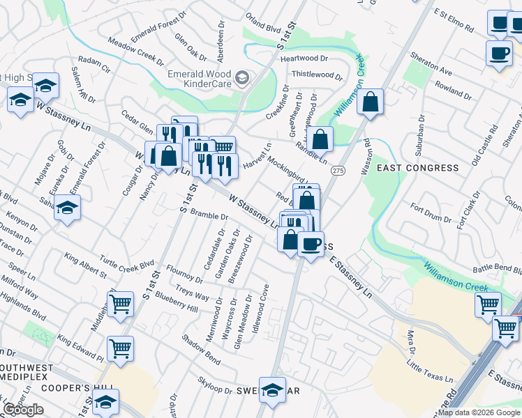 map of restaurants, bars, coffee shops, grocery stores, and more near 308 West Stassney Lane in Austin