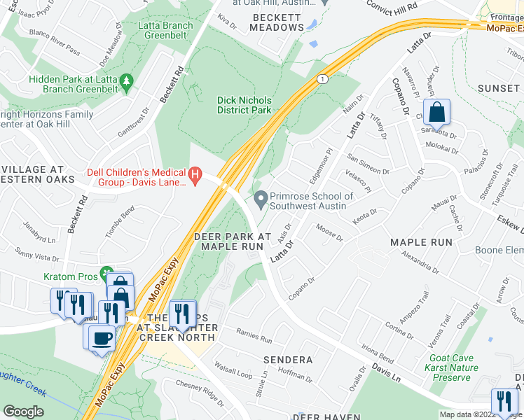 map of restaurants, bars, coffee shops, grocery stores, and more near 4920 Davis Lane in Austin