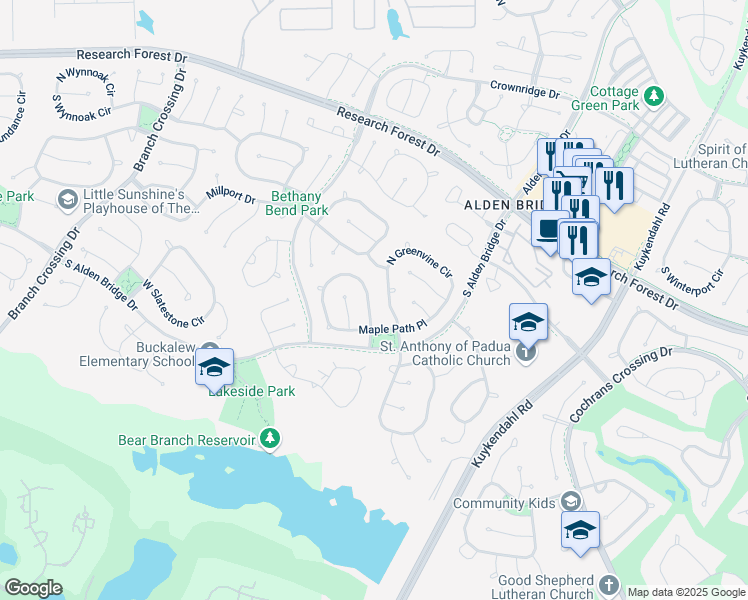 map of restaurants, bars, coffee shops, grocery stores, and more near 27 Greenvine Circle in The Woodlands