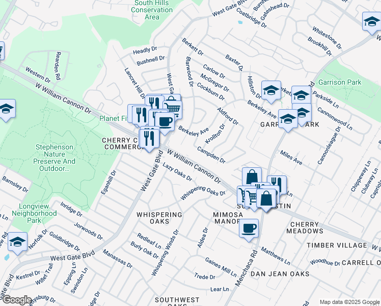 map of restaurants, bars, coffee shops, grocery stores, and more near 2500 West William Cannon Drive in Austin
