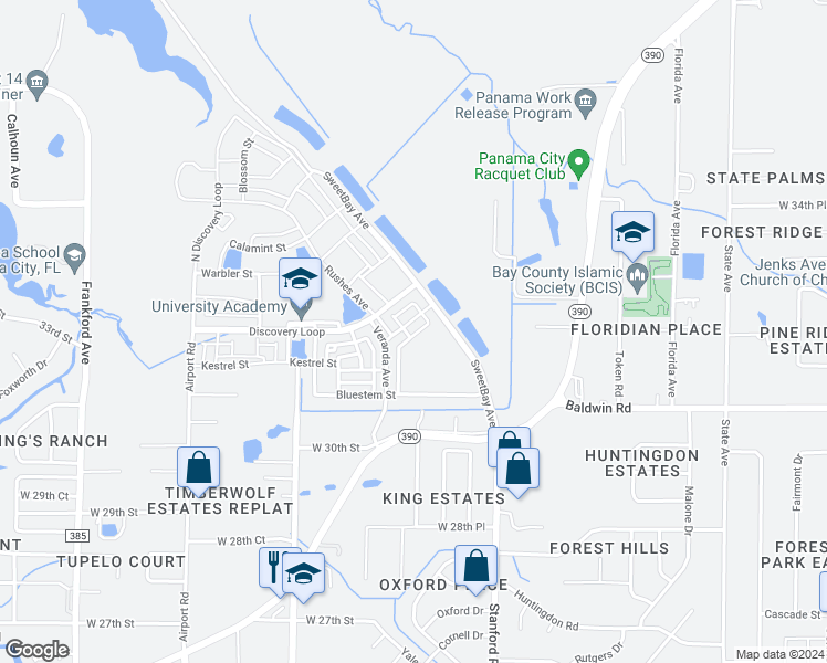 map of restaurants, bars, coffee shops, grocery stores, and more near 1117 Blazing Star Street in Panama City