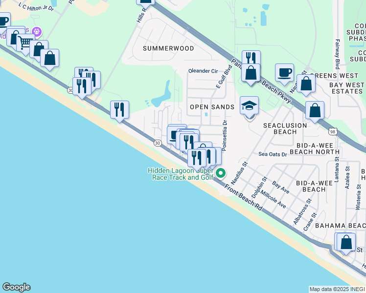 map of restaurants, bars, coffee shops, grocery stores, and more near 14700 Front Beach Road in Panama City Beach