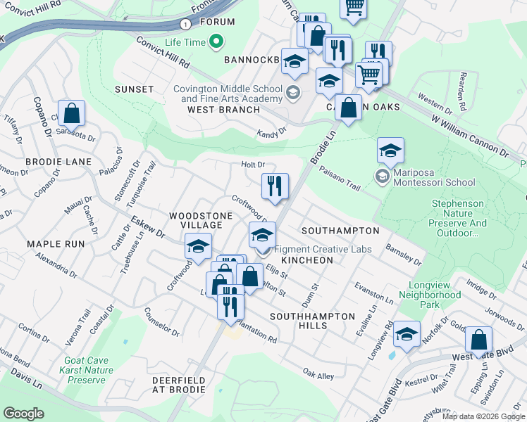 map of restaurants, bars, coffee shops, grocery stores, and more near 3507 Harpers Ferry Lane in Austin