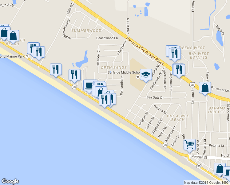 map of restaurants, bars, coffee shops, grocery stores, and more near 612 Poinsettia Court in Panama City Beach