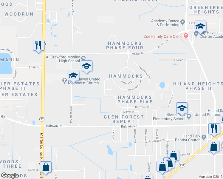 map of restaurants, bars, coffee shops, grocery stores, and more near 3408 Jasmine Trace Lane in Lynn Haven