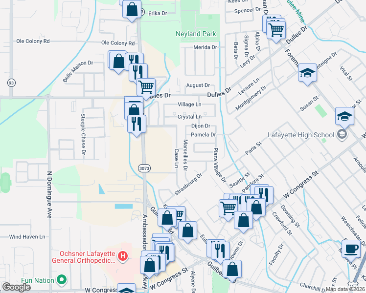 map of restaurants, bars, coffee shops, grocery stores, and more near 304 Marseilles Drive in Lafayette