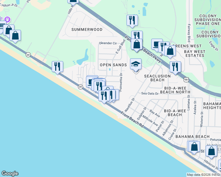 map of restaurants, bars, coffee shops, grocery stores, and more near 612 Poinsettia Court in Panama City Beach