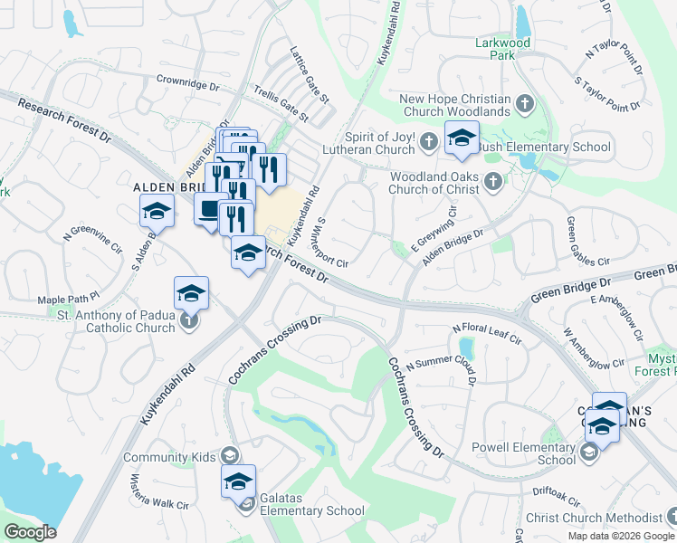 map of restaurants, bars, coffee shops, grocery stores, and more near 140 South Winterport Circle in Spring
