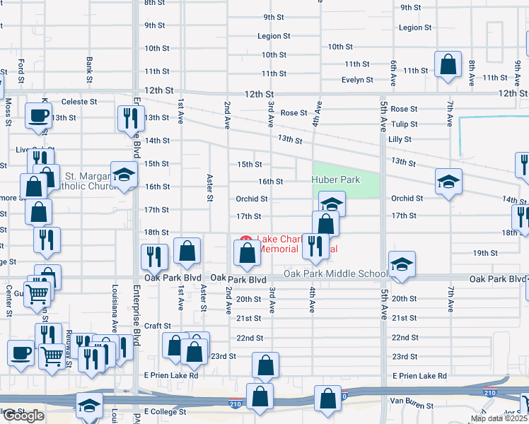 map of restaurants, bars, coffee shops, grocery stores, and more near 1715 17th Street in Lake Charles