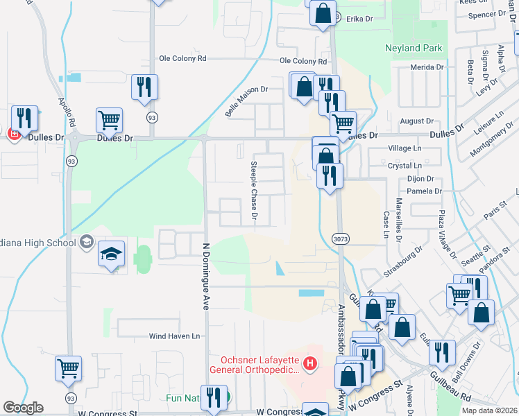 map of restaurants, bars, coffee shops, grocery stores, and more near 405 Steeple Chase Drive in Lafayette