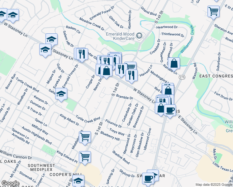 map of restaurants, bars, coffee shops, grocery stores, and more near 610 Bramble Drive in Austin