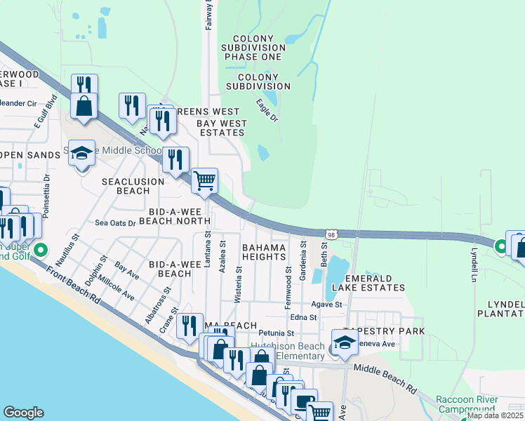 map of restaurants, bars, coffee shops, grocery stores, and more near 13200 Panama City Beach Parkway in Panama City Beach