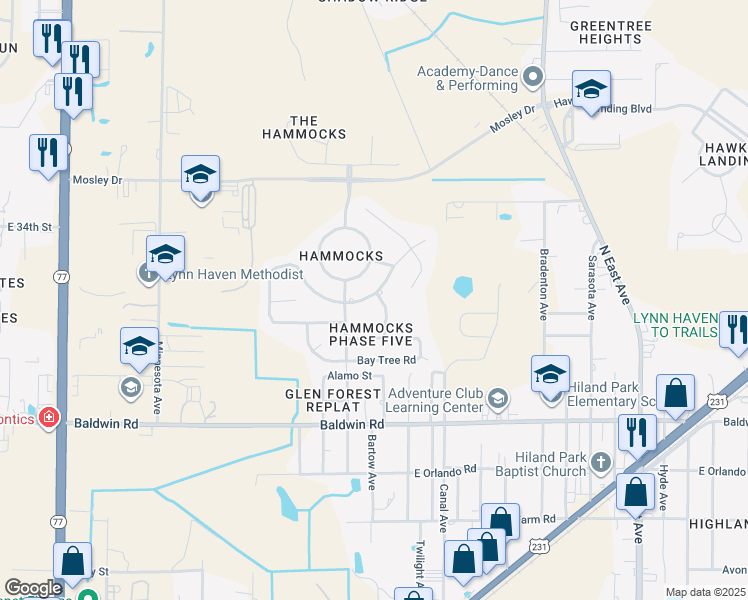 map of restaurants, bars, coffee shops, grocery stores, and more near 3511 Rosewood Circle in Lynn Haven