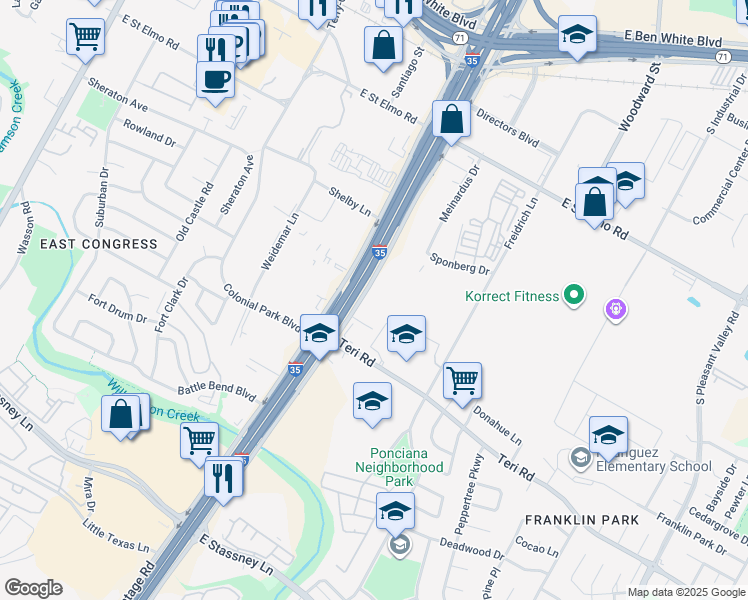 map of restaurants, bars, coffee shops, grocery stores, and more near 4911 South Interstate 35 Frontage Road in Austin