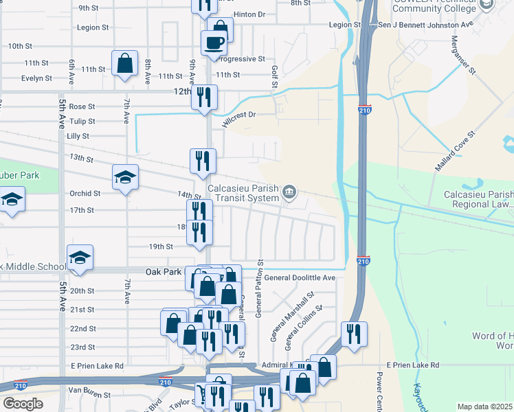 map of restaurants, bars, coffee shops, grocery stores, and more near 2805 S General Wainwright Dr in Lake Charles