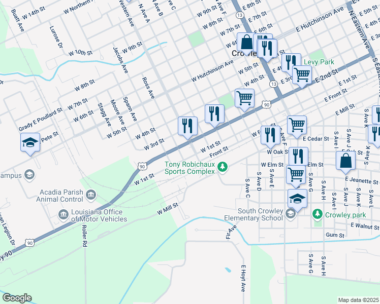 map of restaurants, bars, coffee shops, grocery stores, and more near 101 North Western Avenue in Crowley