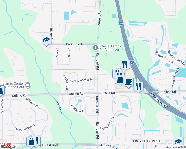 map of restaurants, bars, coffee shops, grocery stores, and more near 7753 Pepper Circle East in Jacksonville